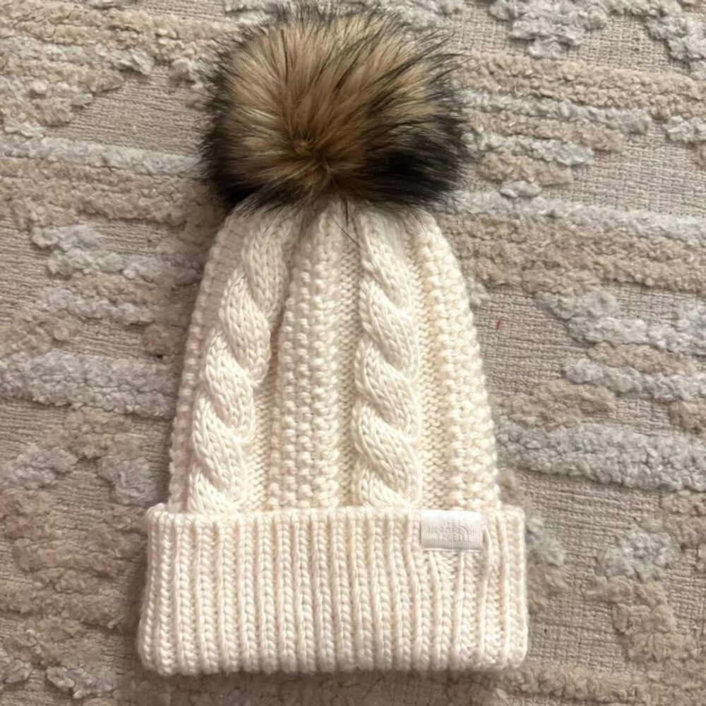 The North Face Oh Mega Fur Pom Beanie White Cable Knit Winter Hat